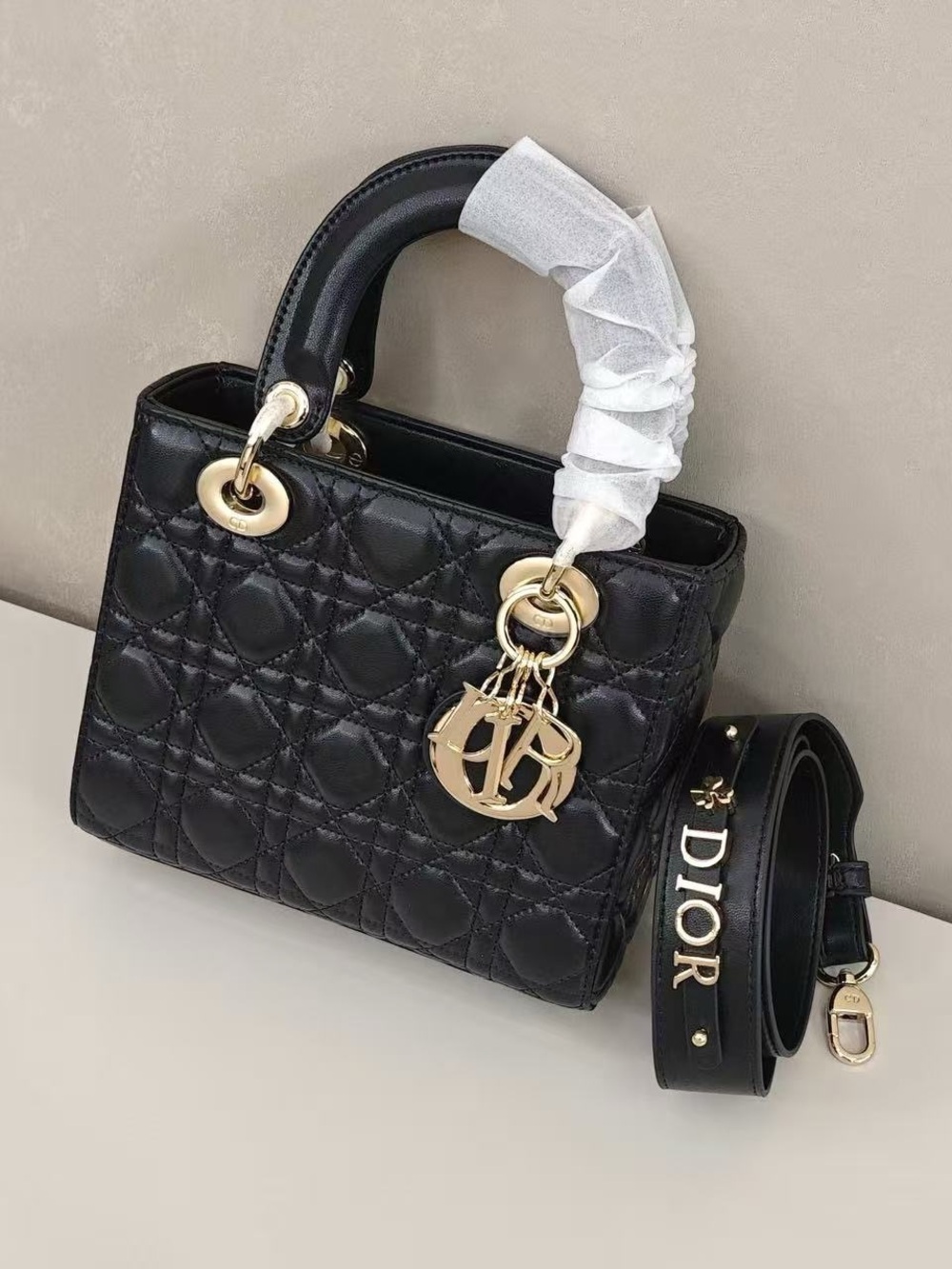 Dior Black Quilted Leather Satchel with Gold Hardware and Logo Charm
